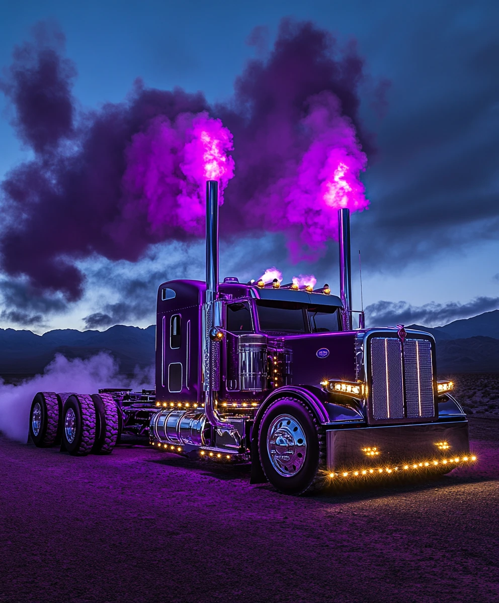 Dark purple custom truck with chrome in mountain landscape