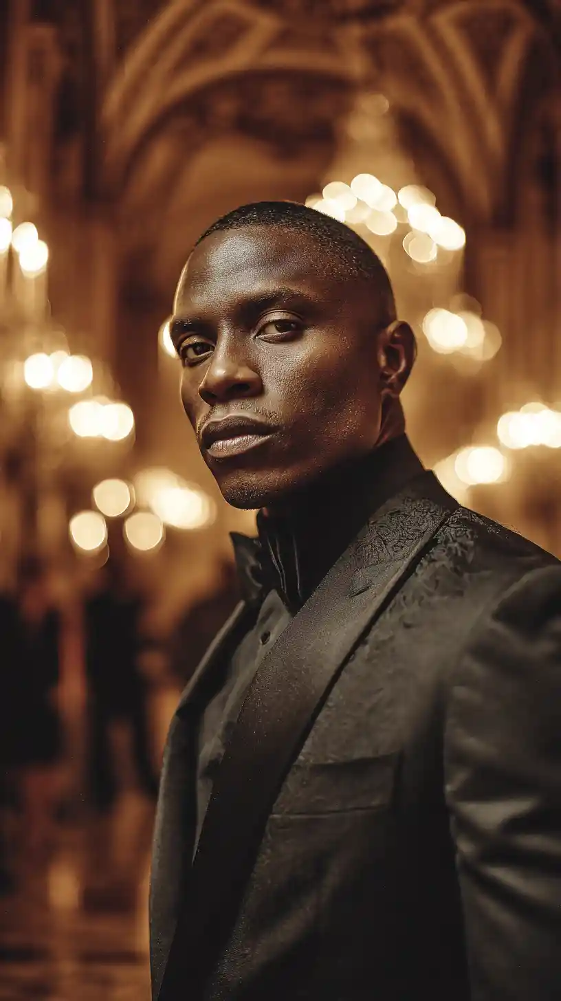 Confident man in black tuxedo in a gilded mansion