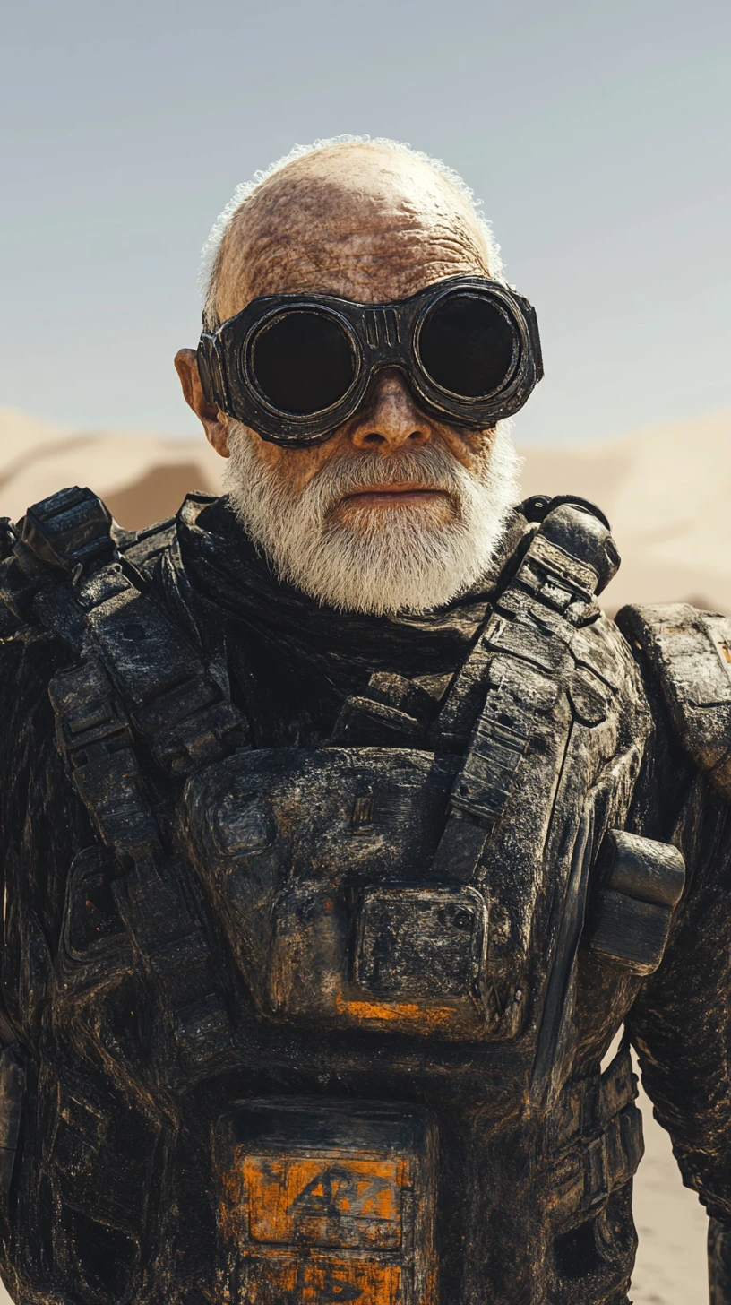 Vecchio uomo calvo in un deserto post-apocalittico