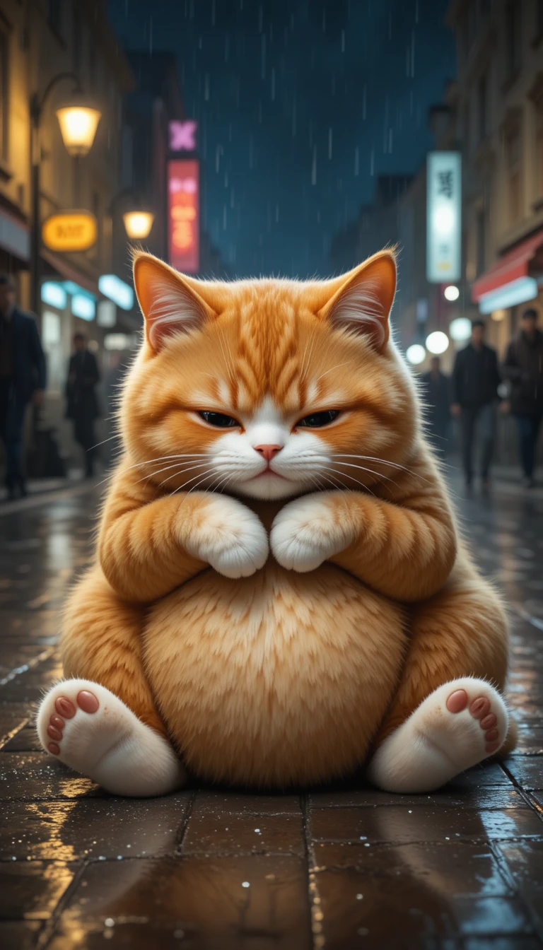 Gato naranja sosteniendo a su hermano herido en una calle lluviosa de noche