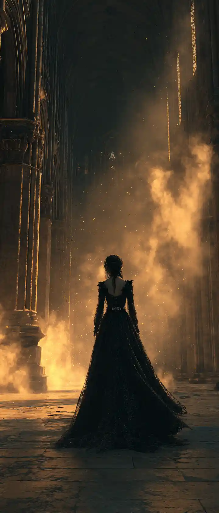 Pale vampire woman in lace dress under cathedral light
