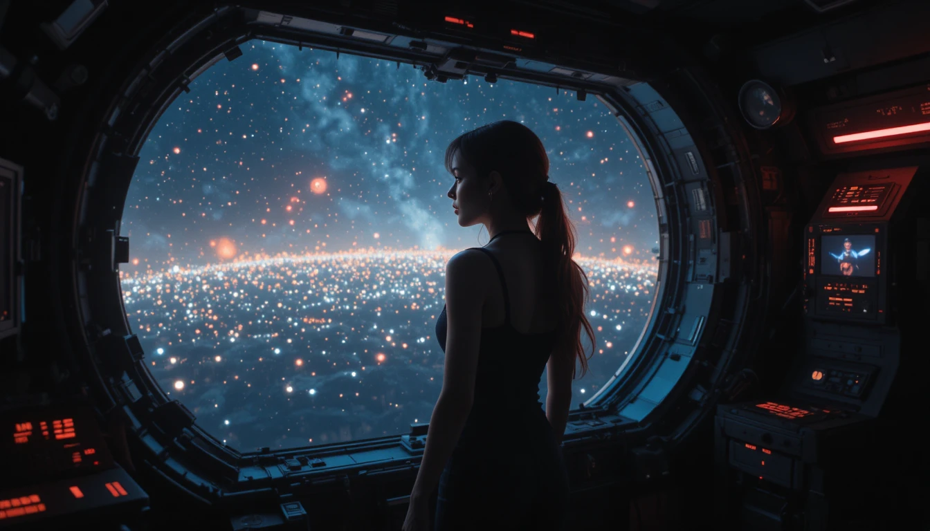 Mujer en silueta en una nave espacial en el profundo espacio estrellado