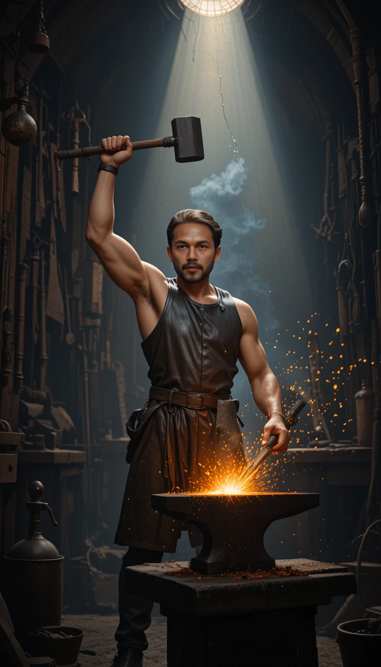 Muscular blacksmith hammering glowing metal at fiery forge