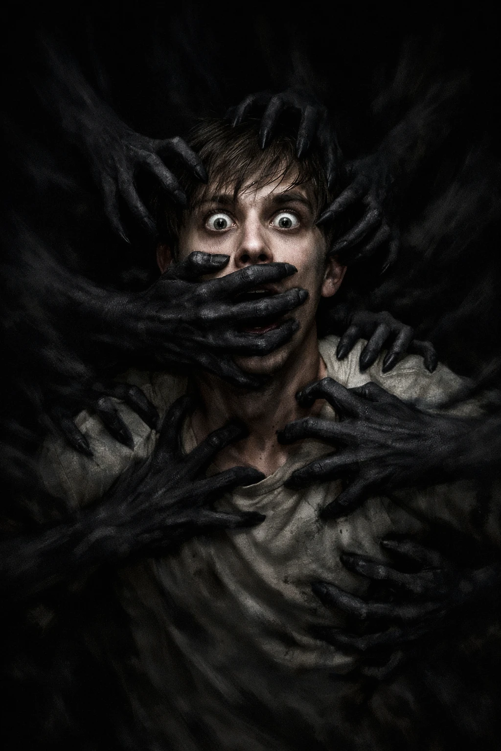 Man dragged by shadow hands into a dark void