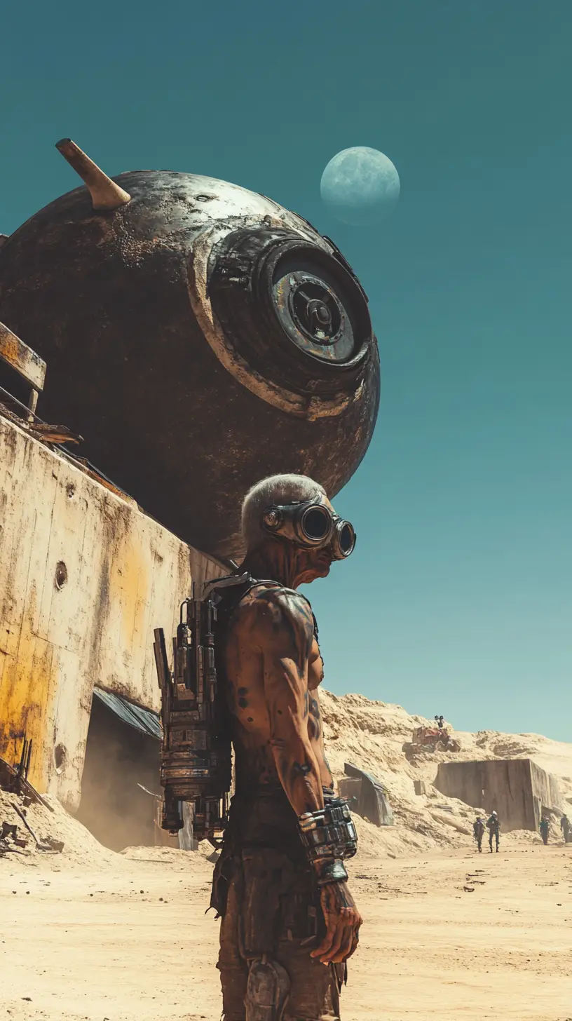 Anciano de pie, solo, en un desierto posapocalíptico