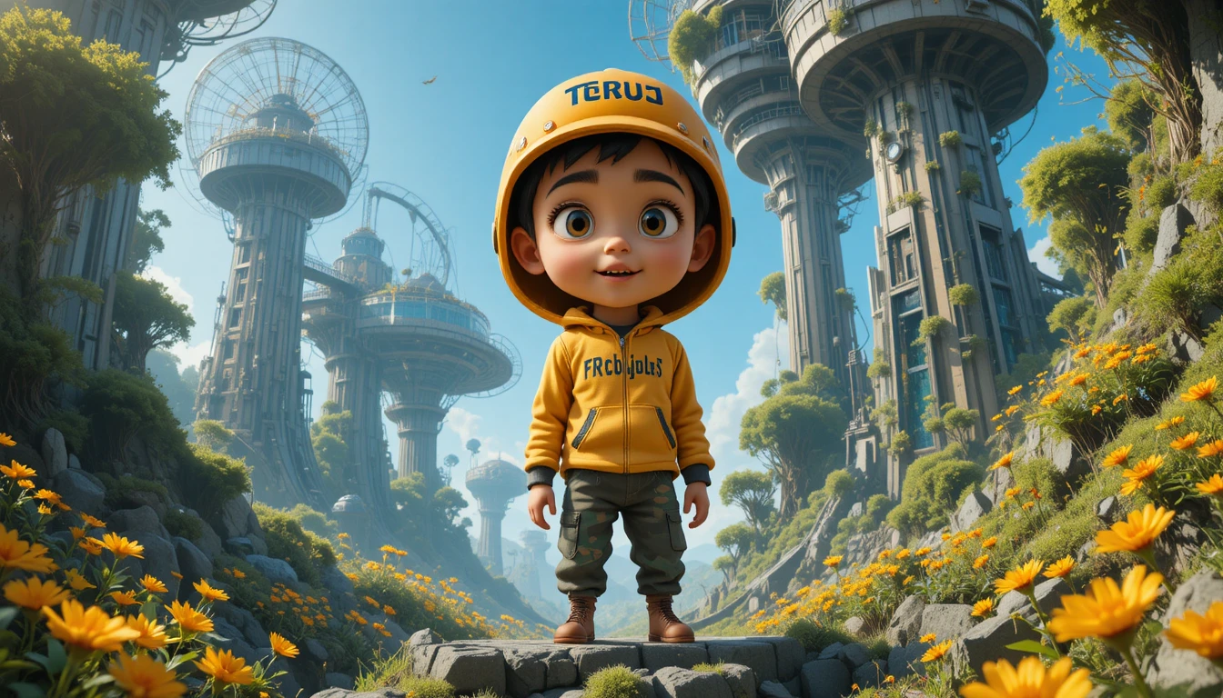 Niño con atuendo amarillo en una ciudad orgánica futurista