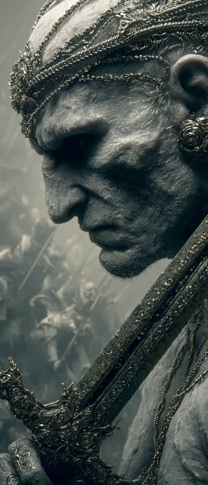 Emaciated warrior portrait with chained headpiece and bone sword