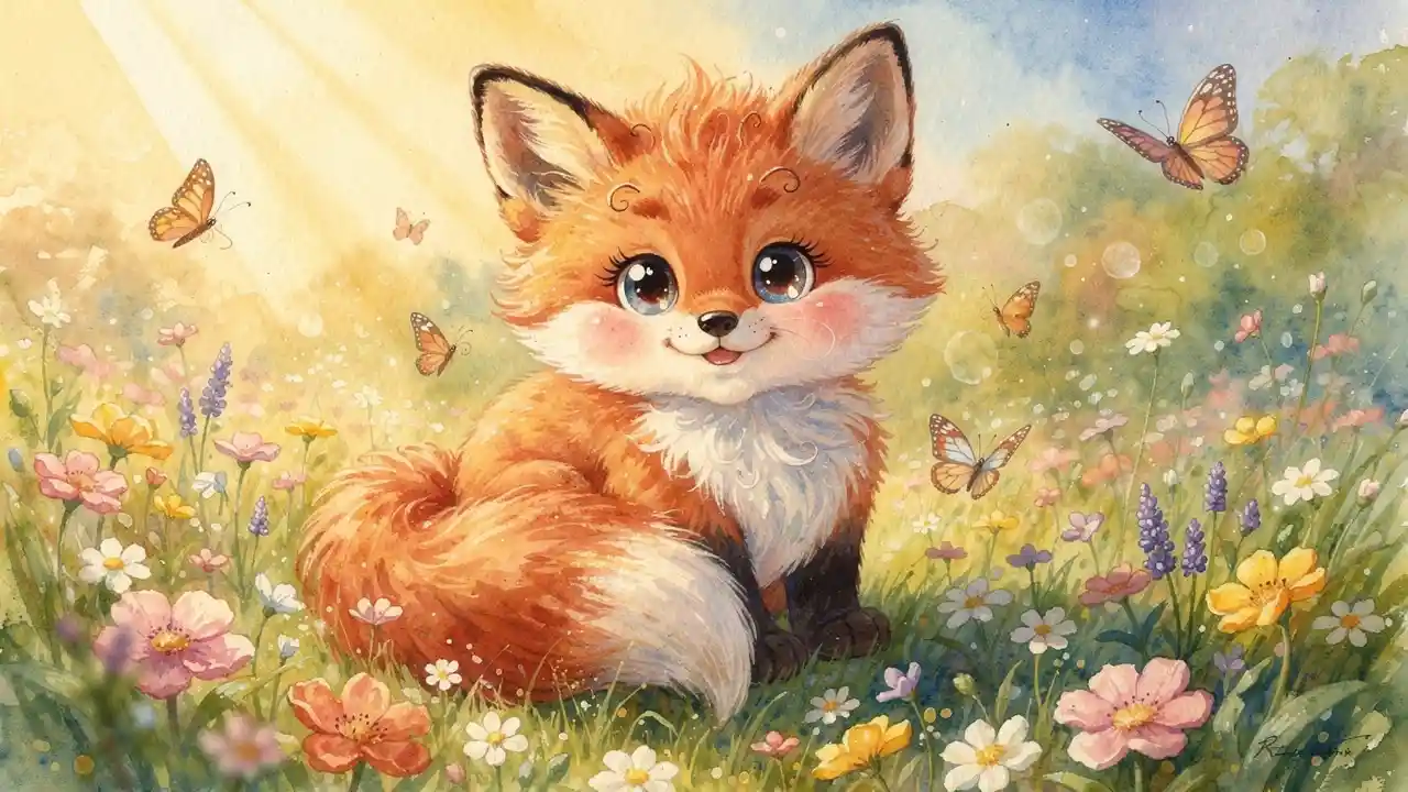 Cute baby fox in watercolor meadow illustration