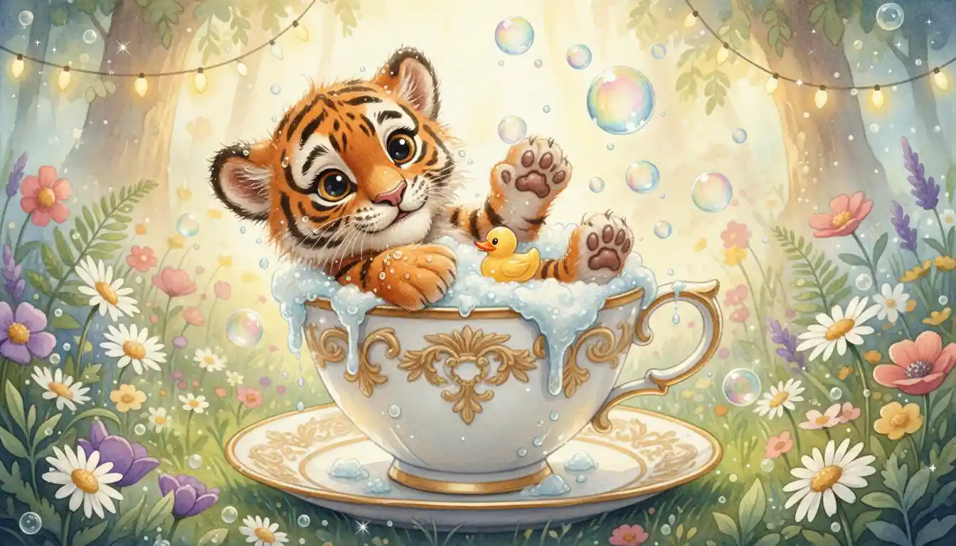 Baby tiger in a magical foamy teacup bath