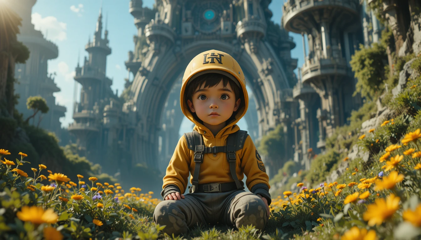 Niño pequeño de amarillo en un paisaje urbano futurista y orgánico