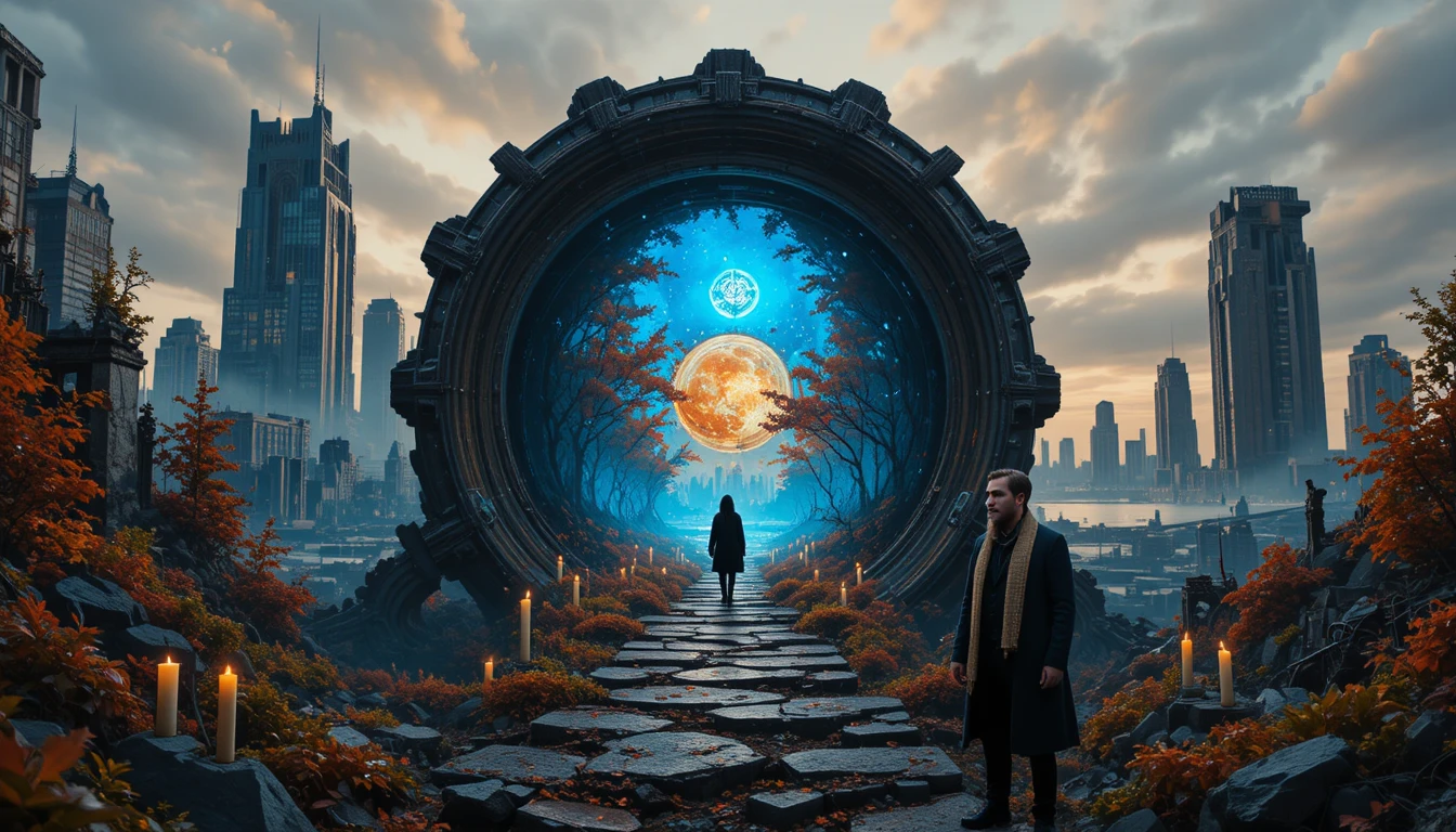 Femme fouilleuse marchant dans les ruines envahies d’une ville futuriste