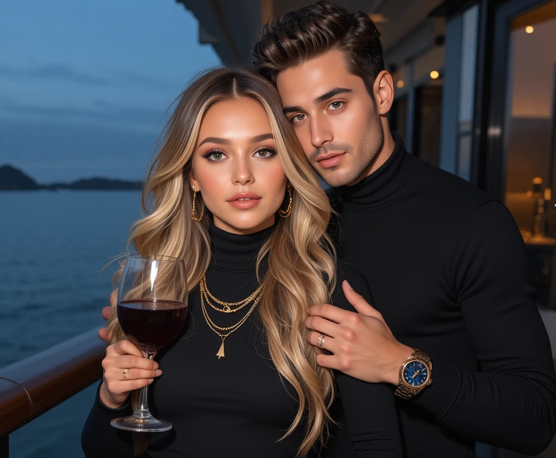 Casal elegante se abraçando à beira-mar com taças de vinho tinto