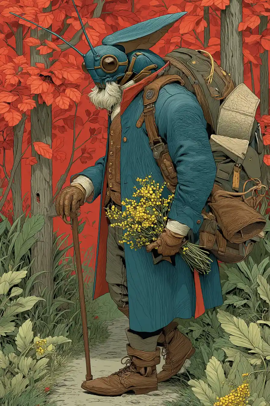 Scarafaggio elegante con mimosa su un sentiero nel bosco