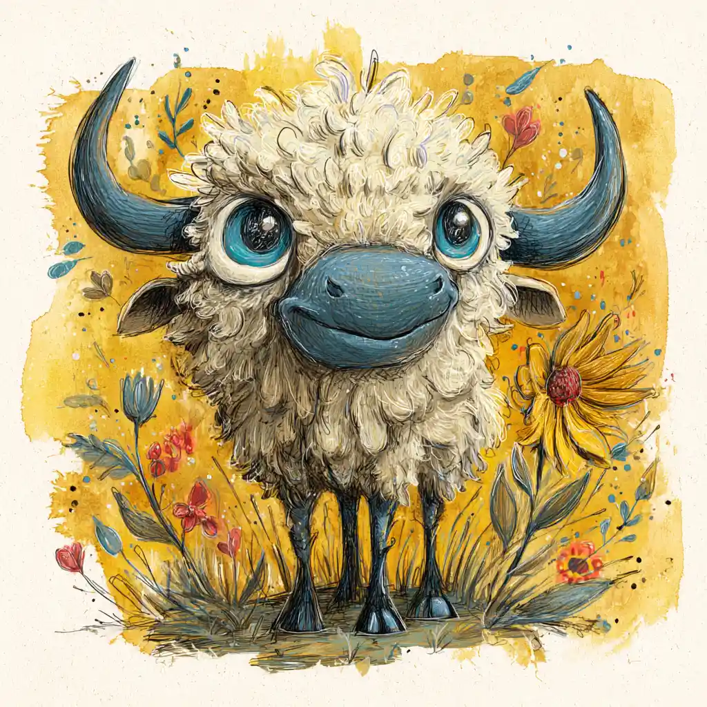 Whimsical baby buffalo in a giant yellow prairie flower