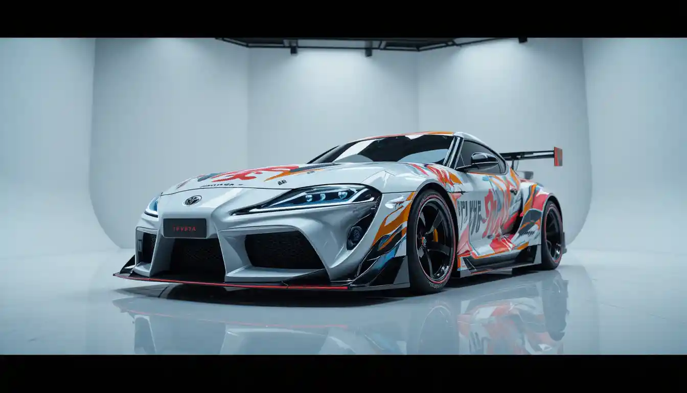 Widebody-Sportwagen im weißen Studio mit auffälligem Anime-Design