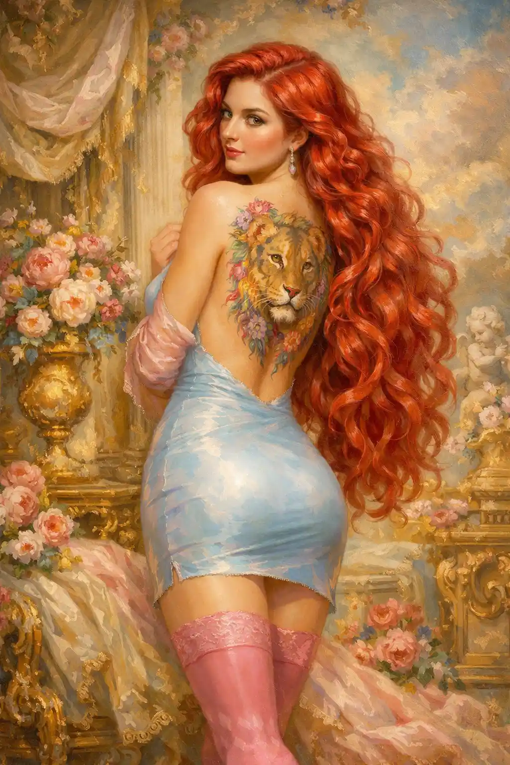 Elegant red haired woman in pastel skirt looking over shoulder