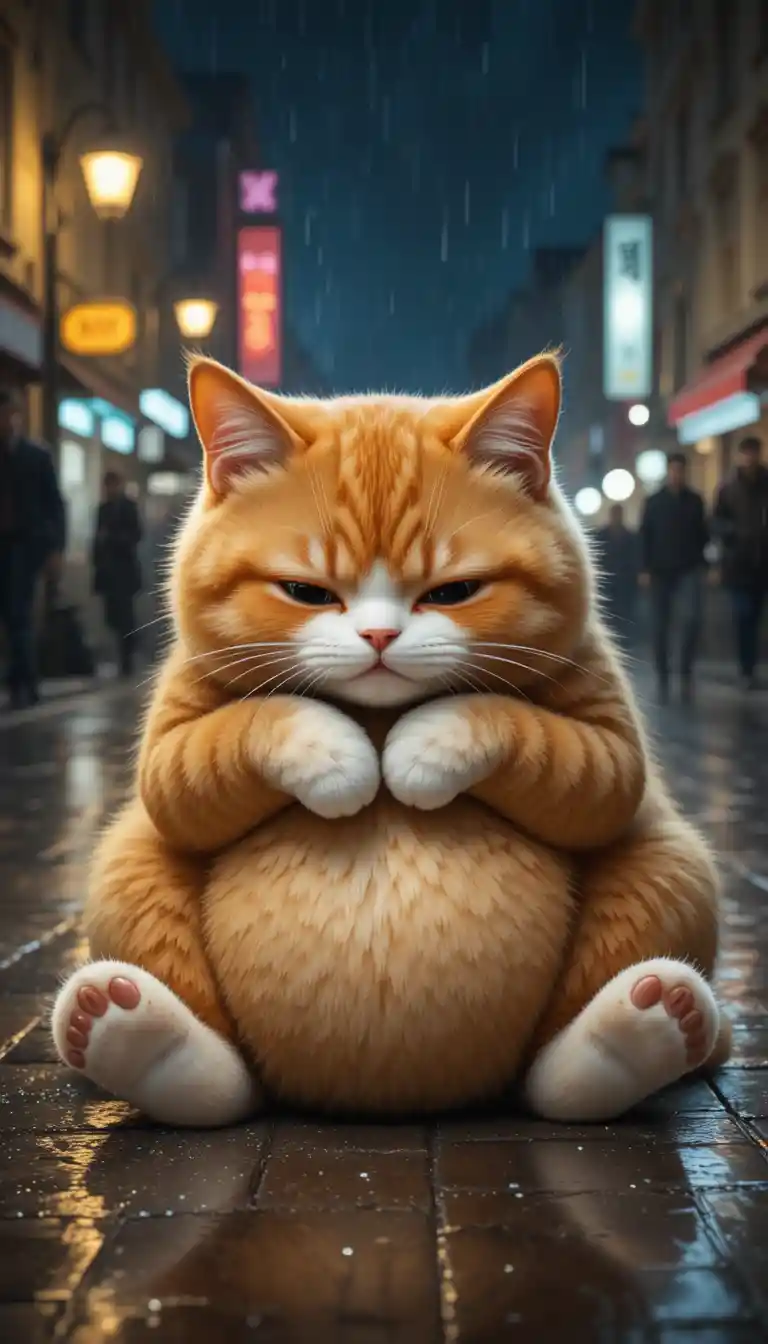 Gato naranja sosteniendo a su hermano herido en una calle lluviosa de noche