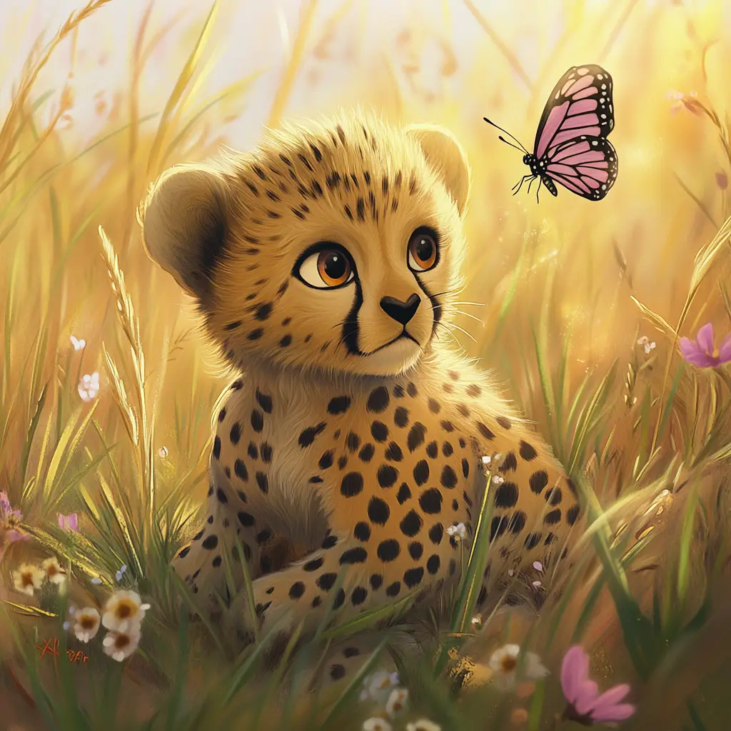 Baby cheetah watching butterfly in warm savanna grass