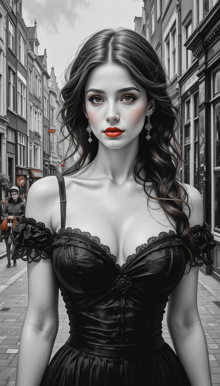 Beautiful woman on an Amsterdam city street in oil painting