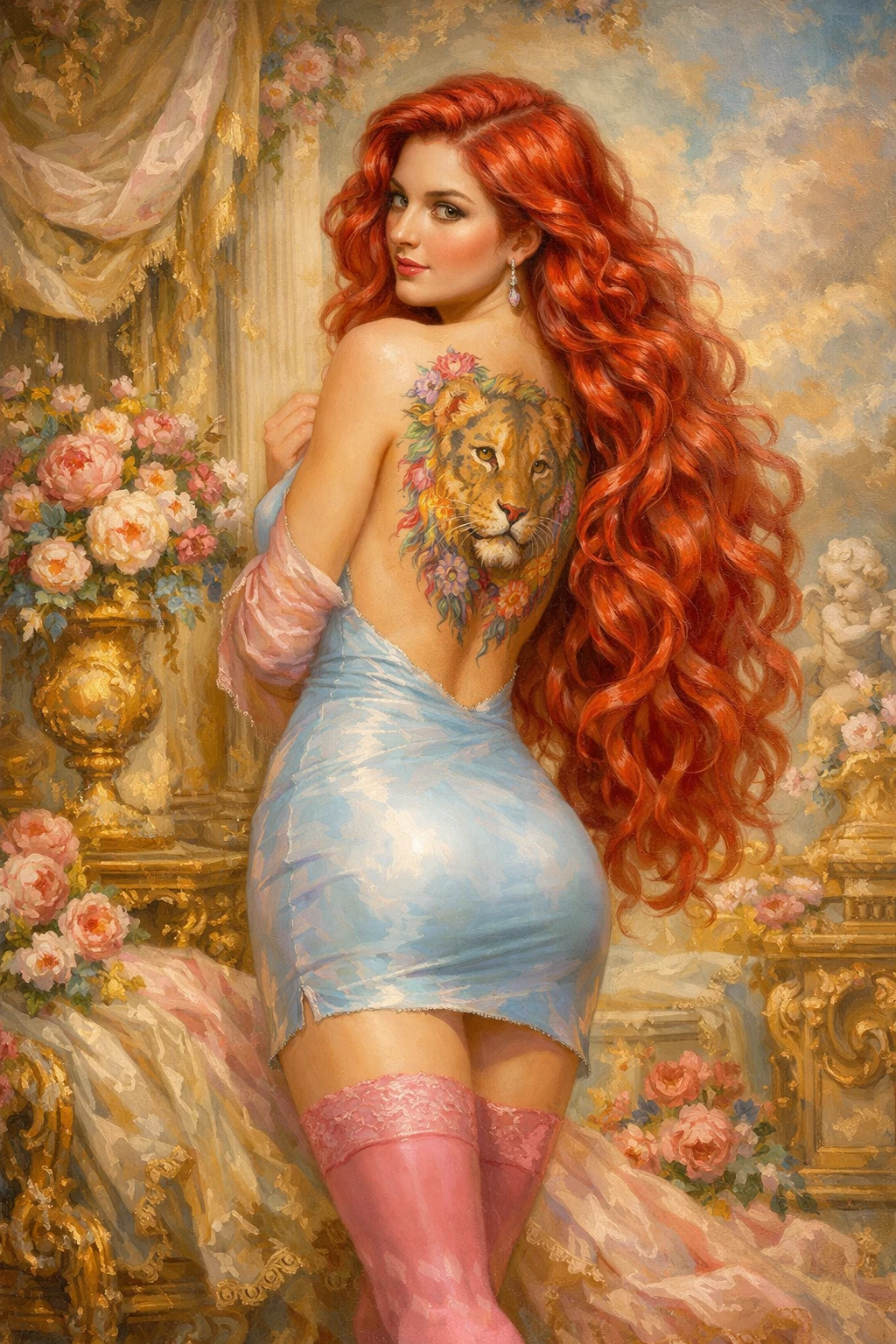 Elegant red haired woman in pastel skirt looking over shoulder