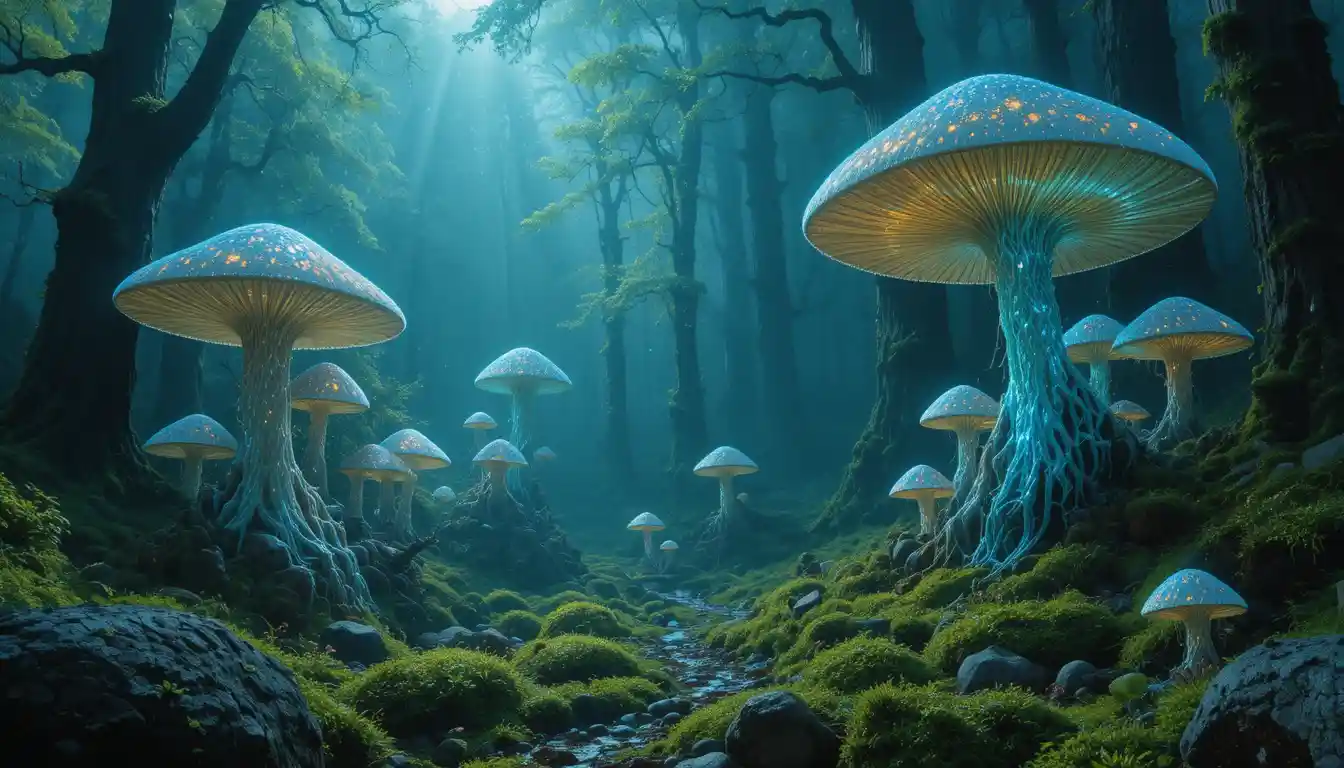 Surreal forest of glowing fungi and floating ethereal beings