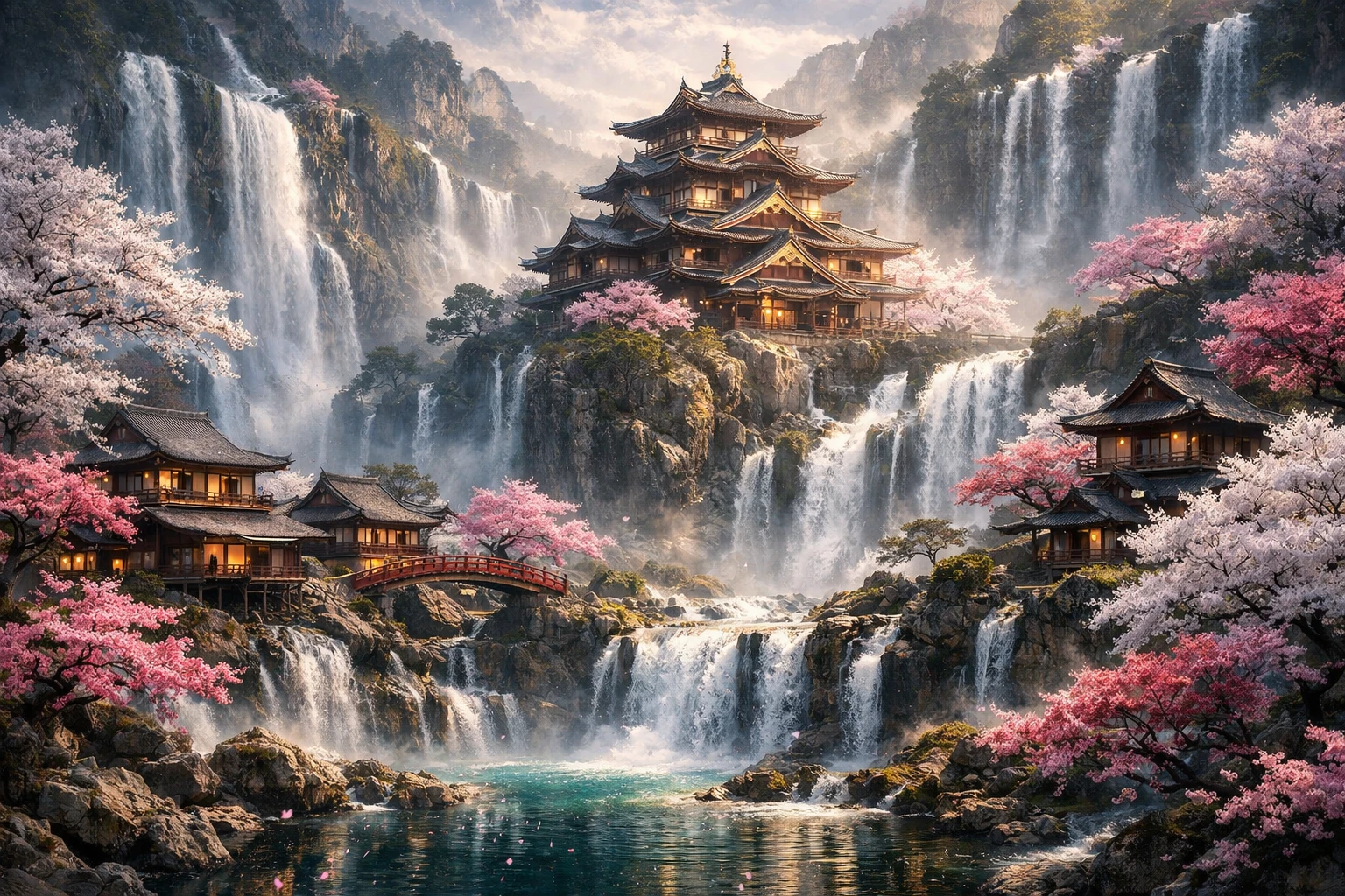 Surrealer japanischer Palast über Wasserfällen in einem traumhaften Wald