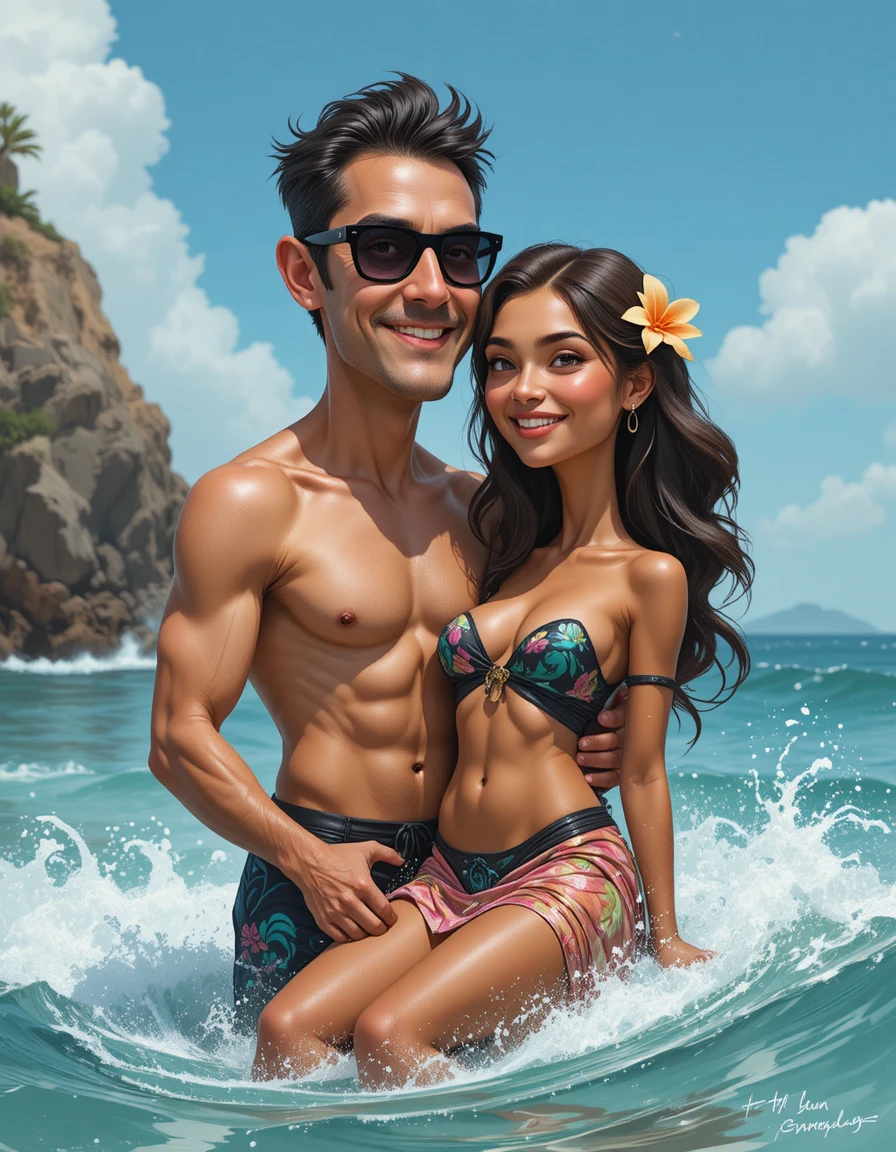 Fit man holding woman in waves by rocky ocean shore