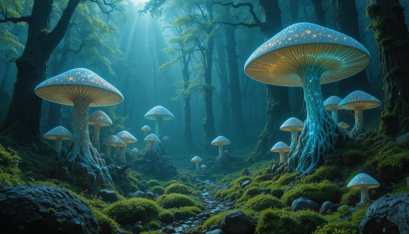Surreal forest of glowing fungi and floating ethereal beings
