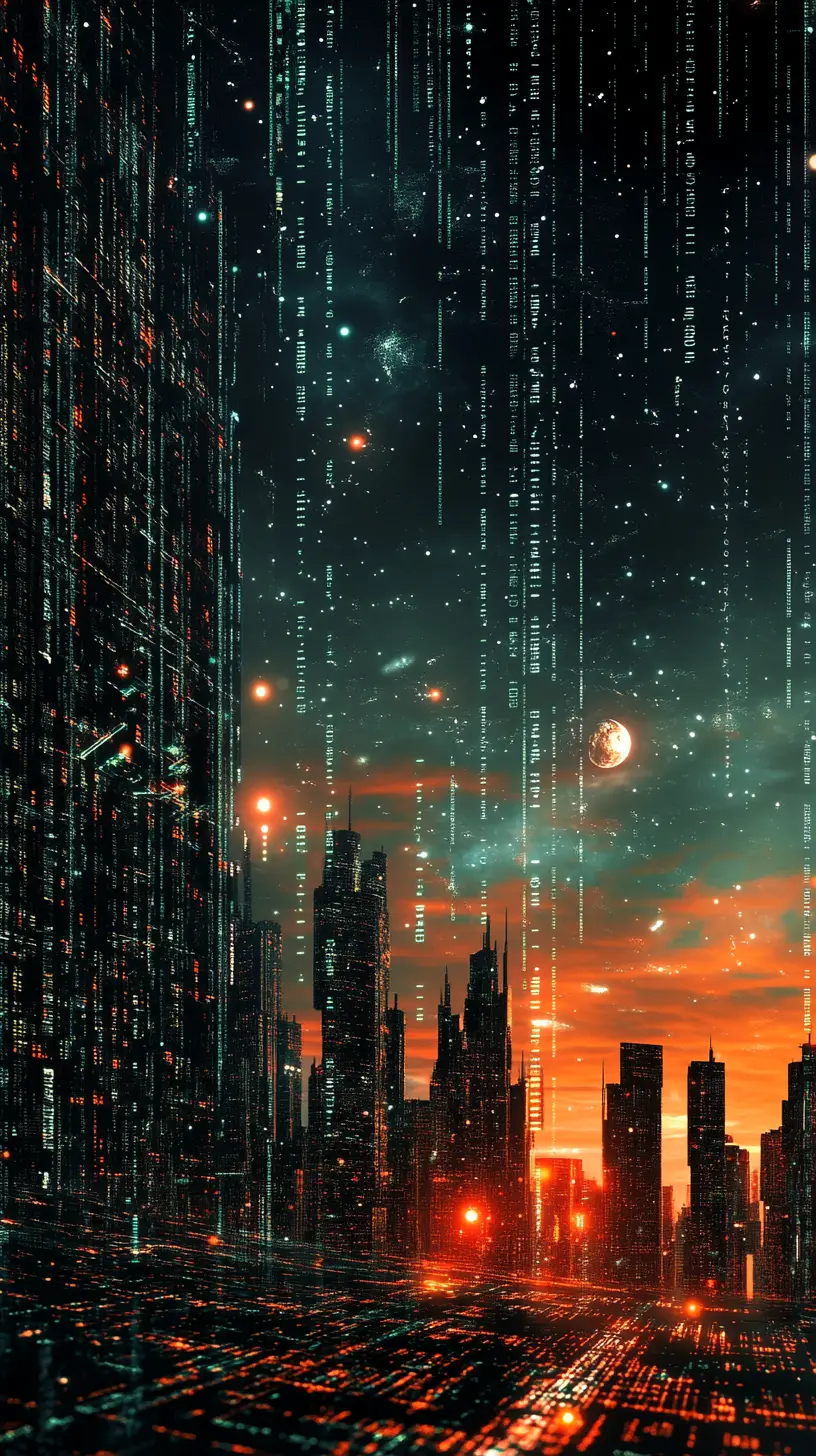 Cyberpunk digital cityscape with matrix like data sky
