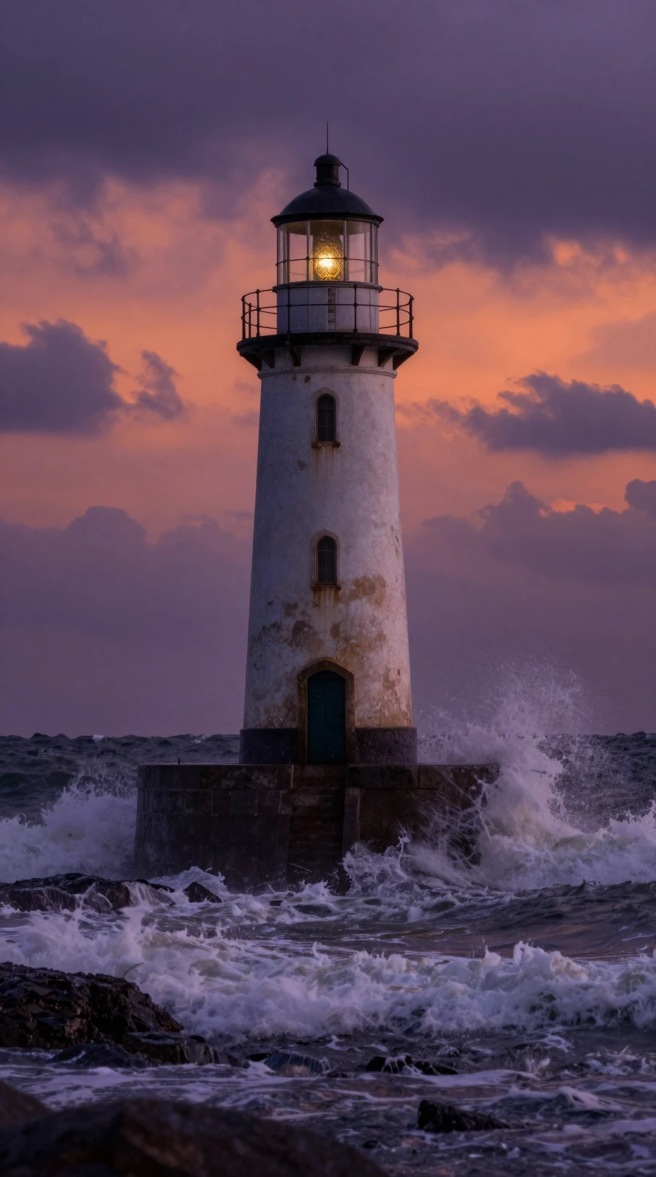 Solitario faro frente a olas tormentosas en un mar al crepúsculo