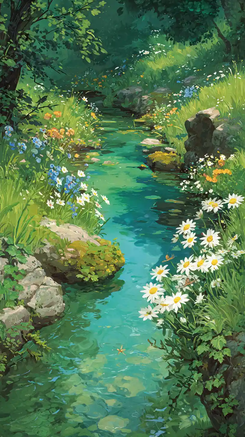 Sunlit forest stream winding through a hidden valley