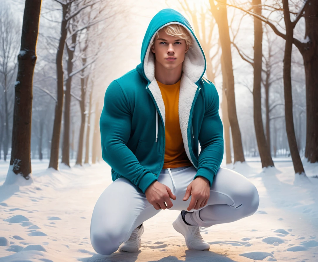 Blond young man crouching in white fleece leggings outdoors