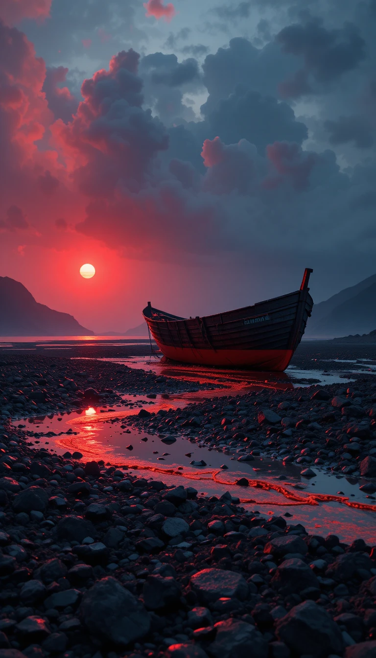 Dark coastal sailboat glowing with red lava light