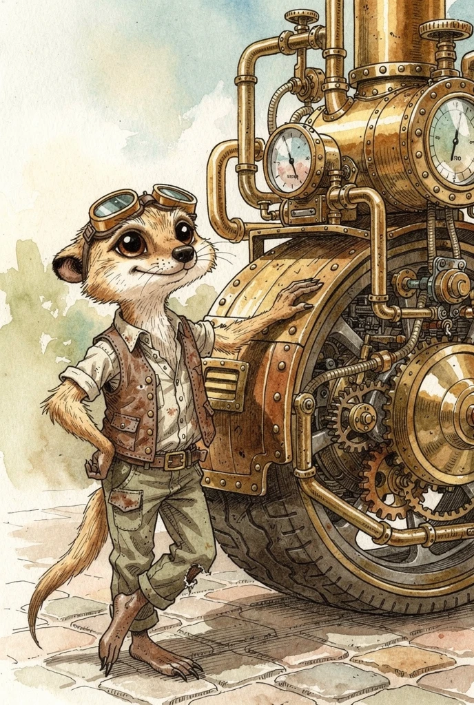 Dürrer Steampunk-Erdmännchen, das sich an ein detailreiches Dampfauto lehnt