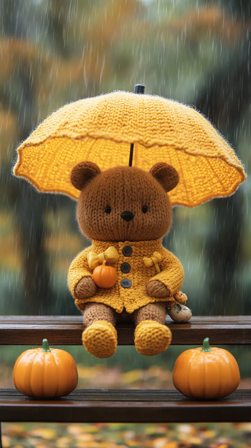 Cute cartoon bear on a bench under a yellow umbrella