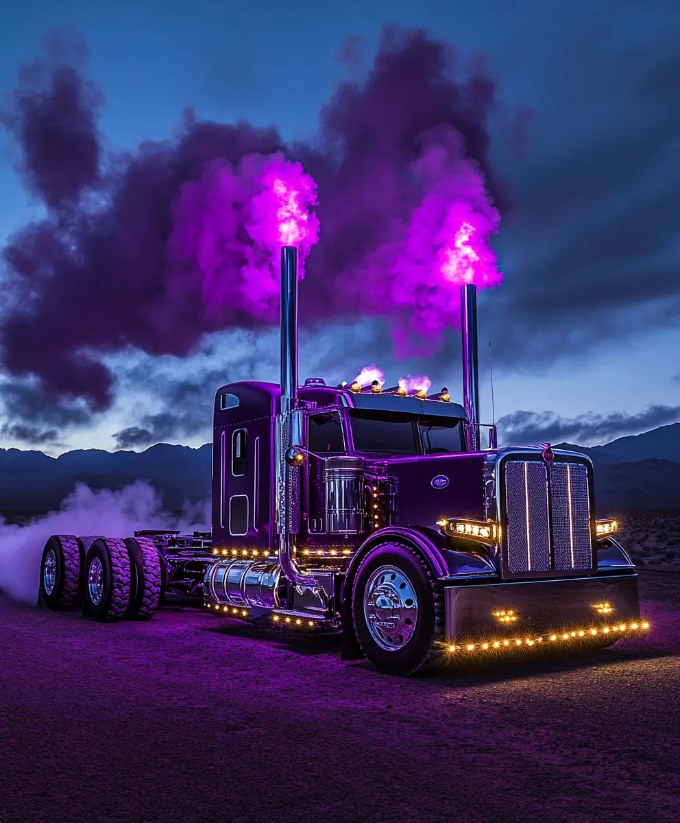 Dunkellila Custom-Truck mit Chrom in Berglandschaft