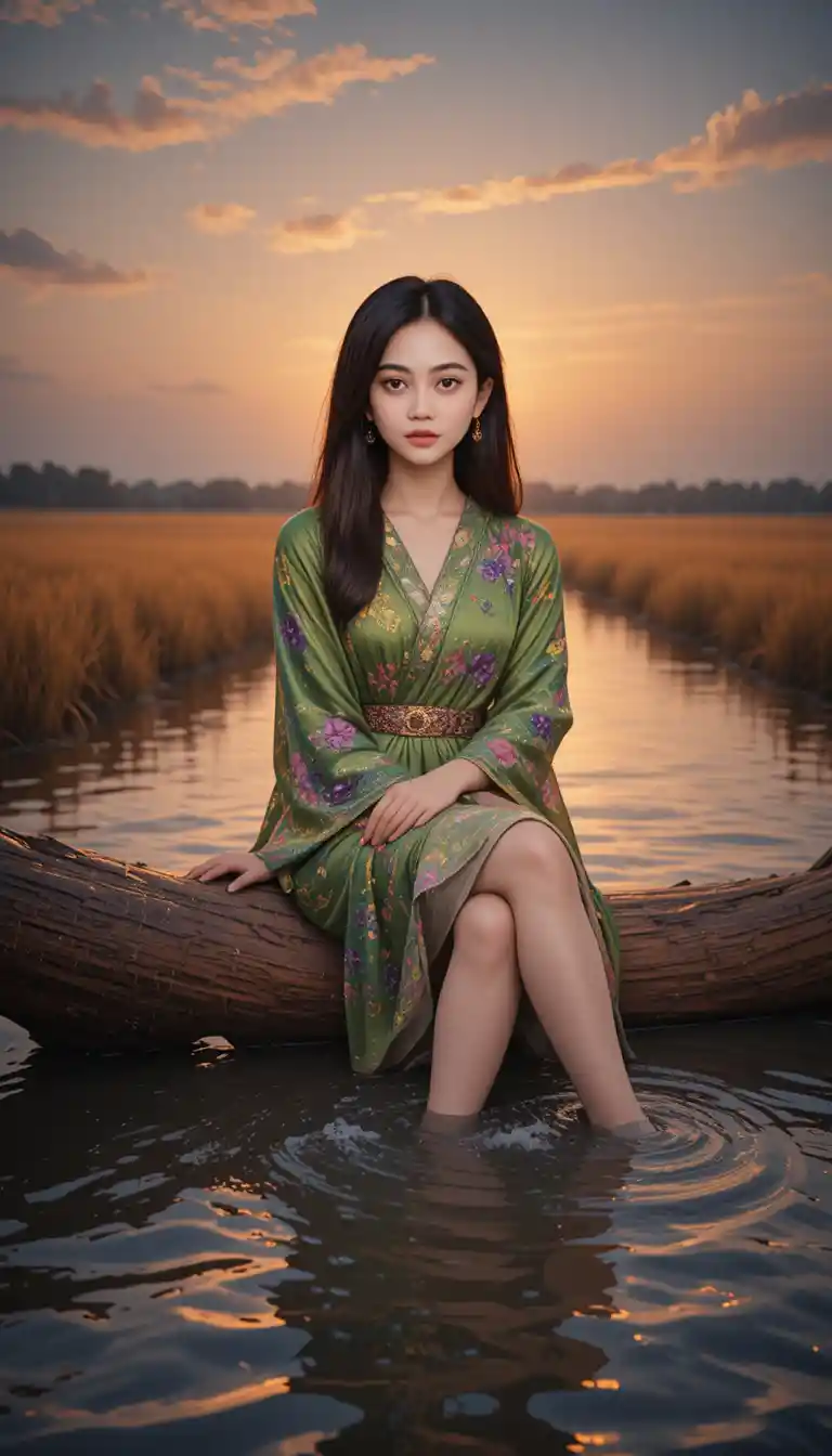 Young woman resting on a riverside log at sunset