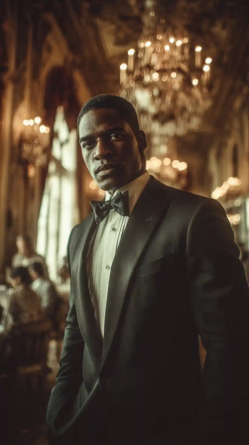 Confident black tie portrait in a grand mansion hall