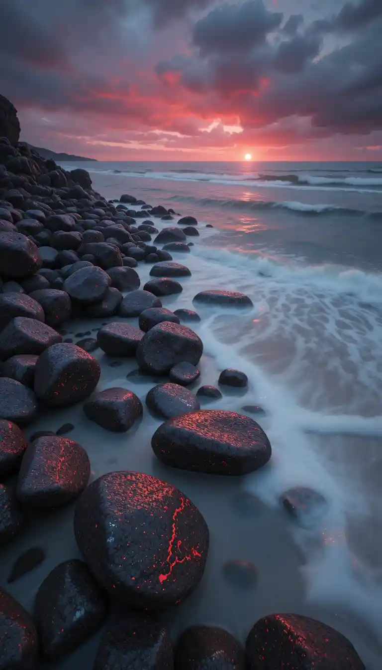 Red moon over rocky night beach long exposure seascape