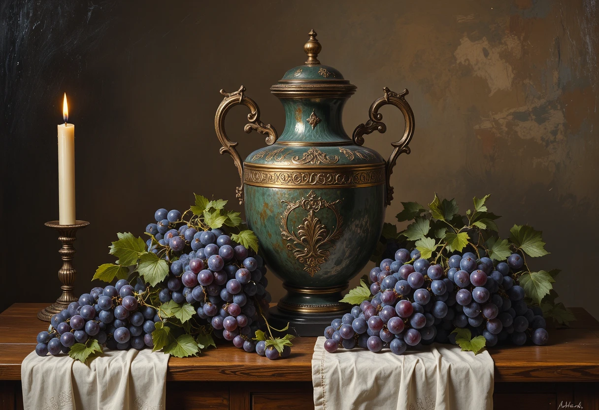 Bodegón holandés con cubitera de cobre y uvas