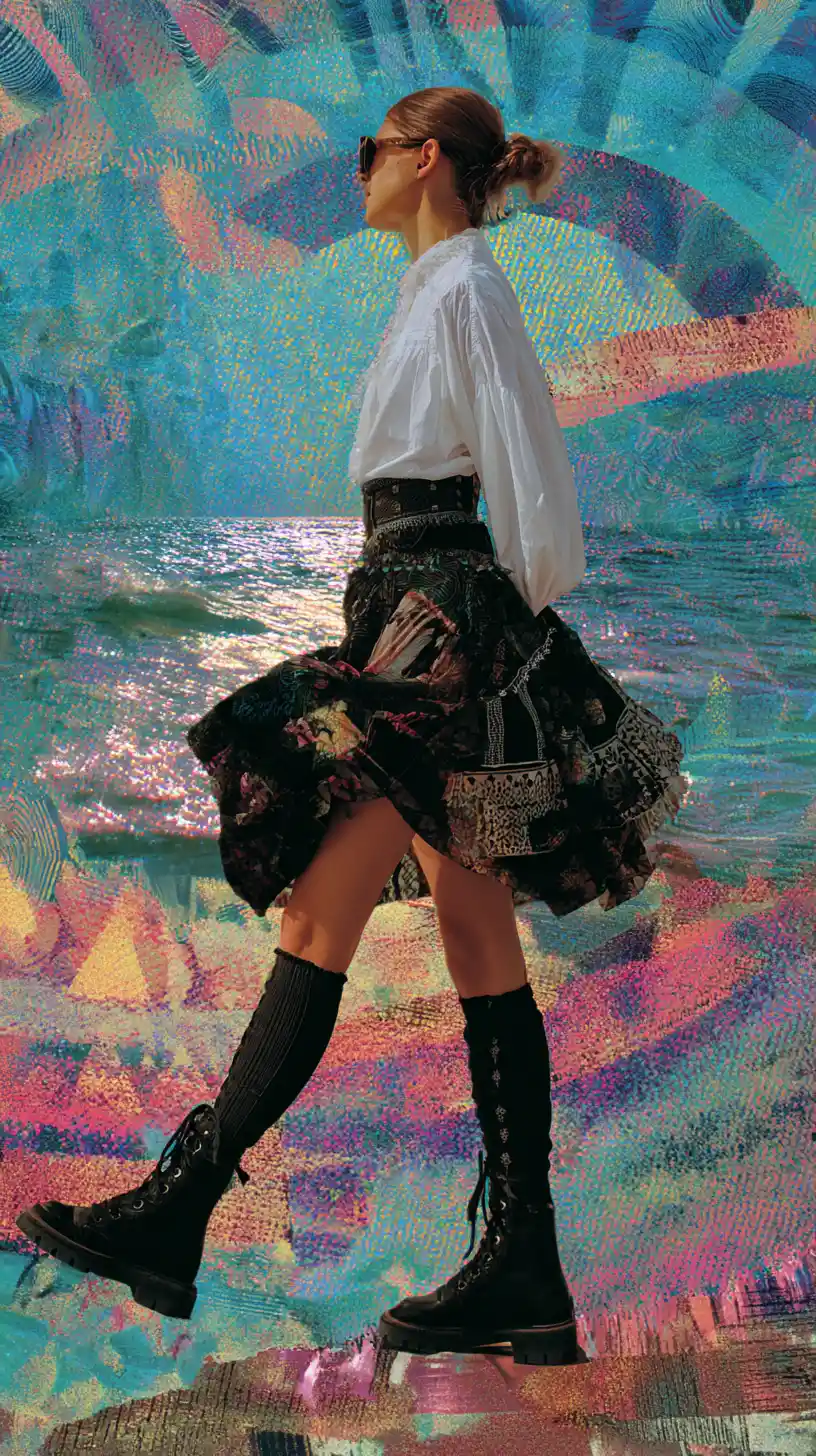 Joyful surreal figure dancing in vivid abstract dreamscape