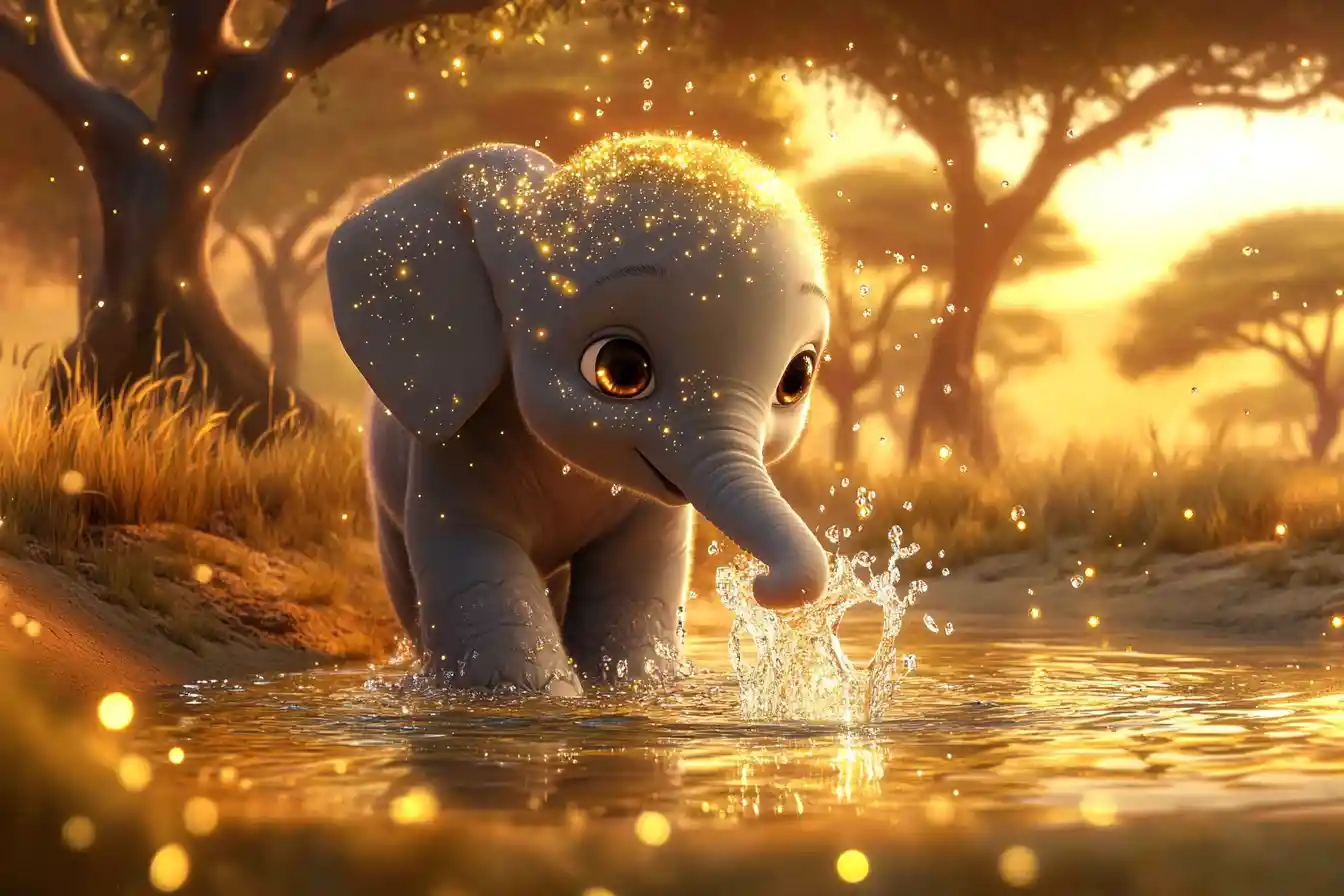 Magical baby elephant at sunrise savanna waterhole