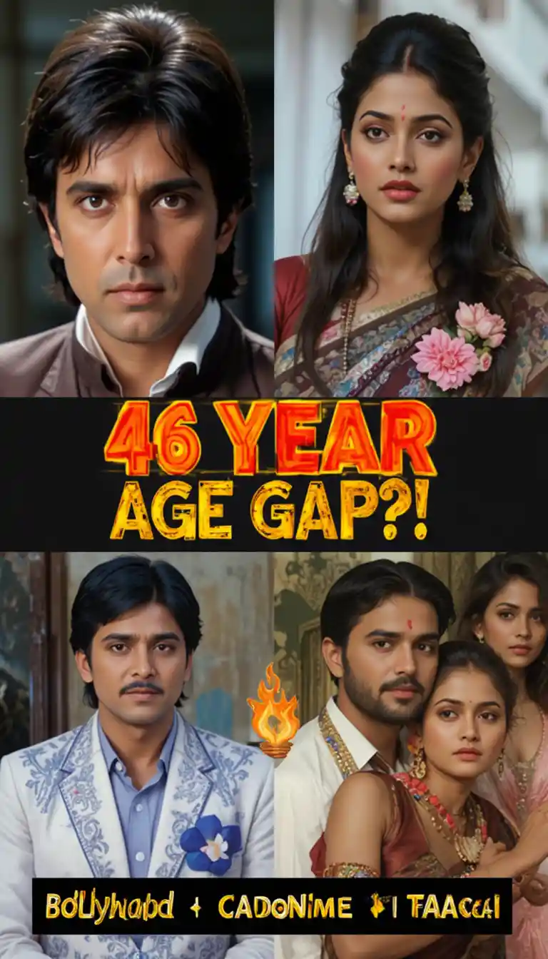 Split collage of Bollywood couples with dramatic age gap text