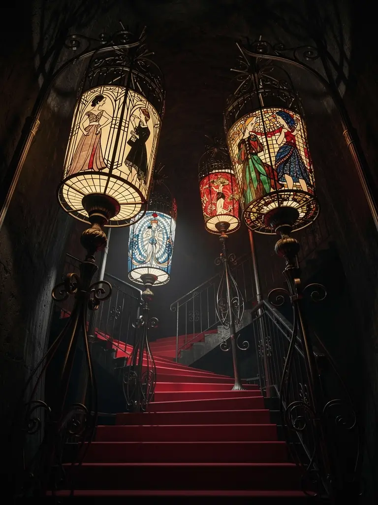 Fantasy tiffany lamps over red staircase in catacomb corridor