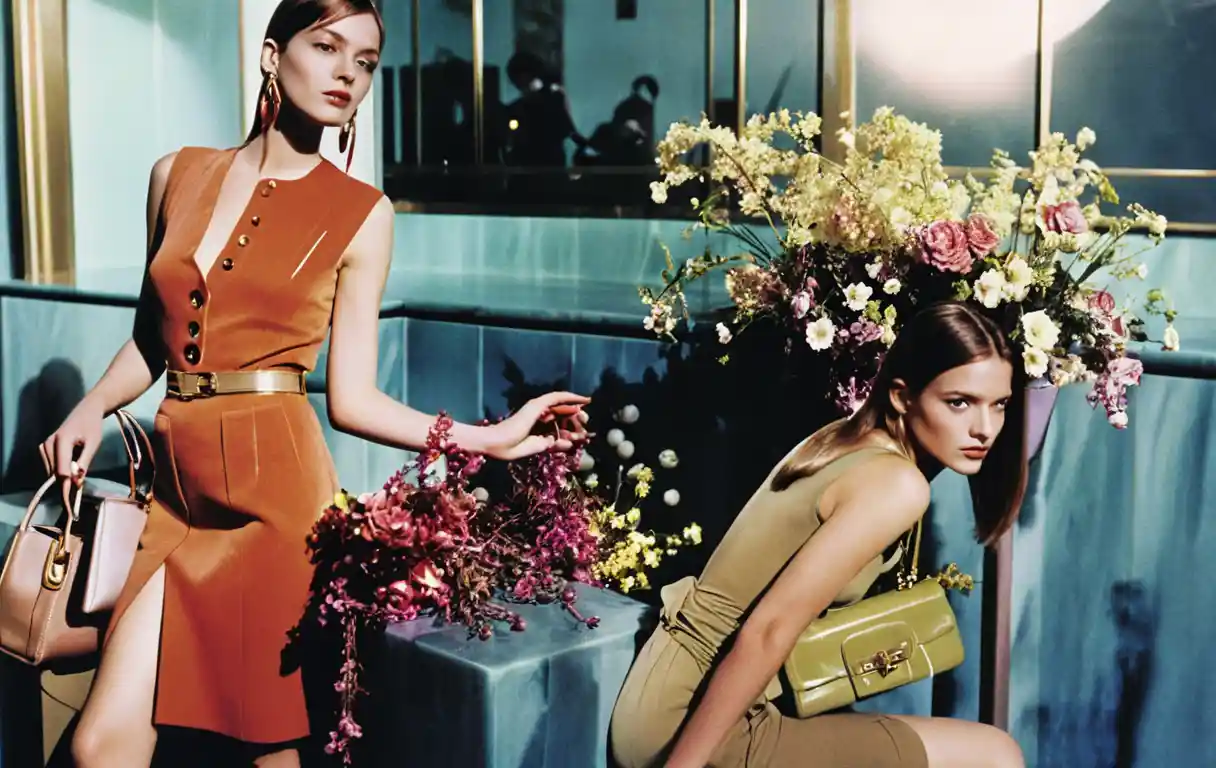 Fashion model with handbag in moody hotel interior