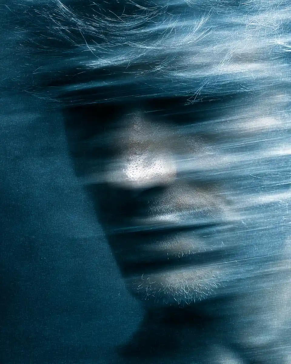Close up portrait with face hidden in deep shadow