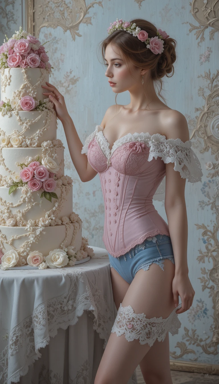 Playful woman in corset posing beside tall wedding cake