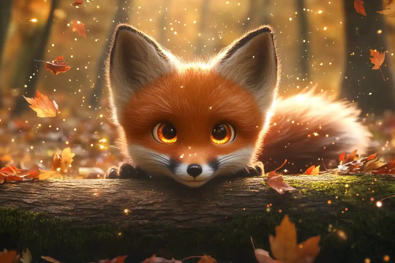 Young fox peeking from a log in autumn forest