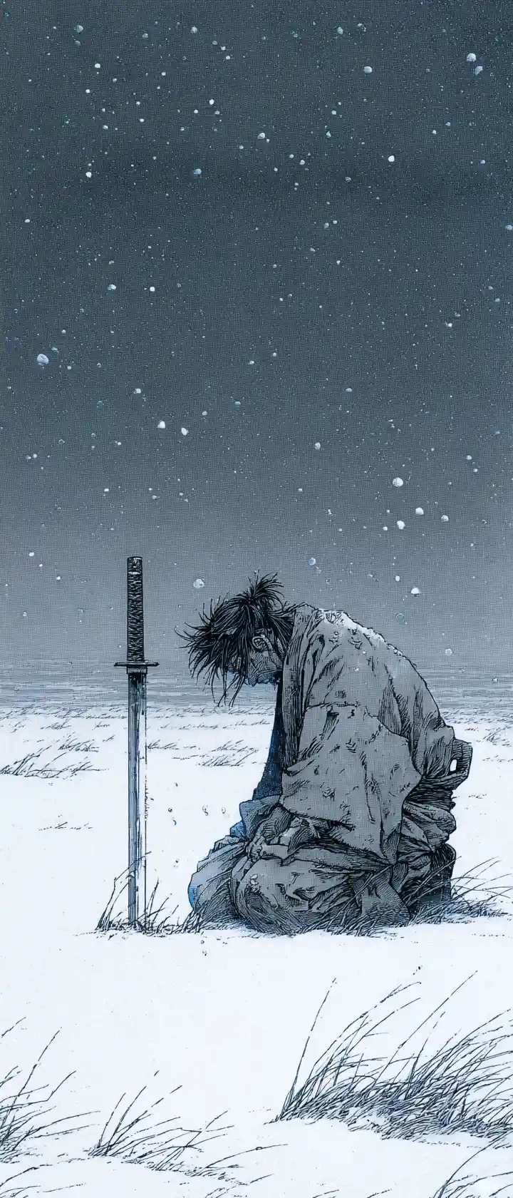 Lone samurai kneeling in a snowy twilight field