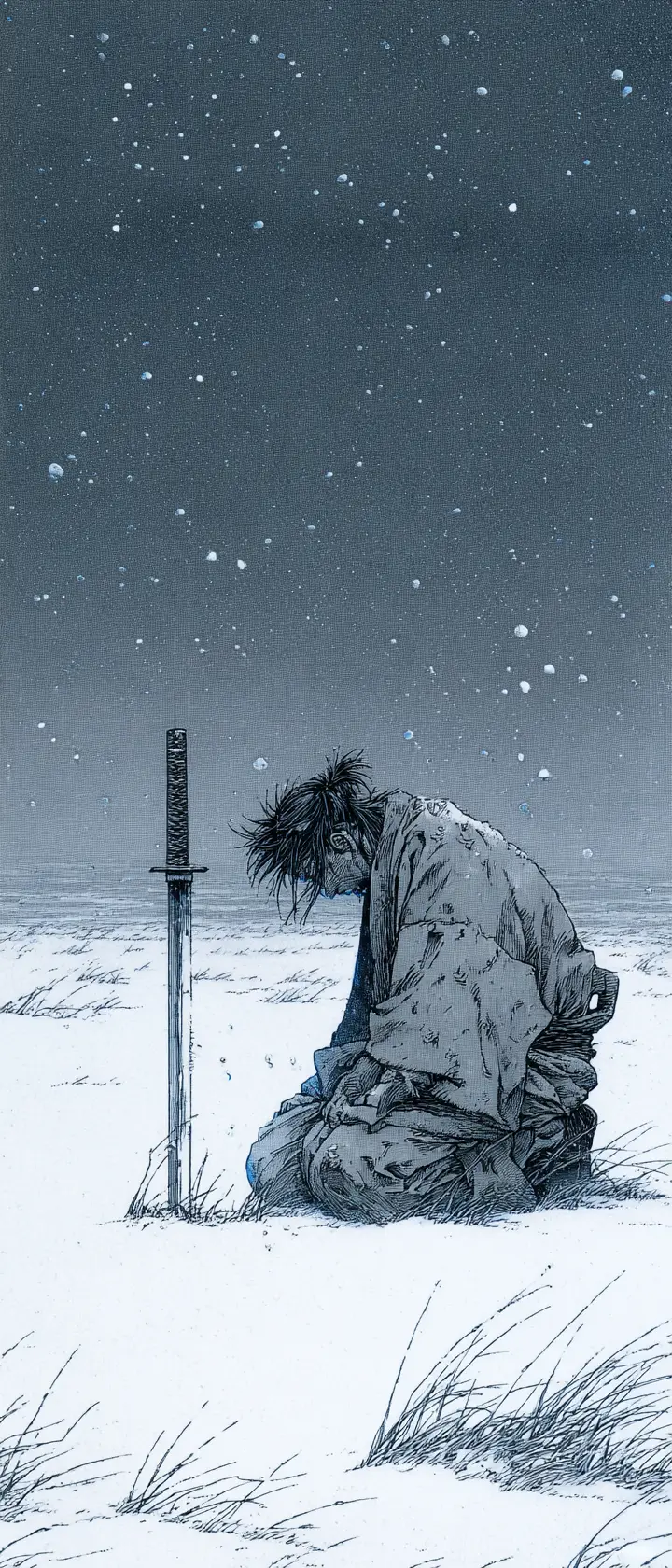 Lone samurai kneeling in a snowy twilight field